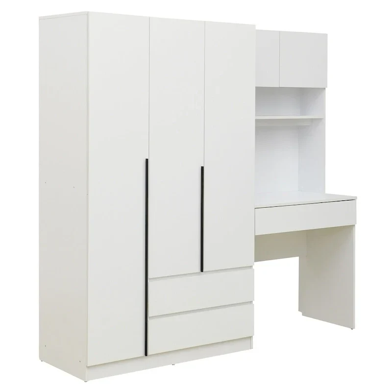 Armoire-penderie 3-en-1 avec coiffeuse, ensemble de bureau, armoire de chambre avec 2 tiroirs, armoire-penderie à 3 portes avec espace de rangement