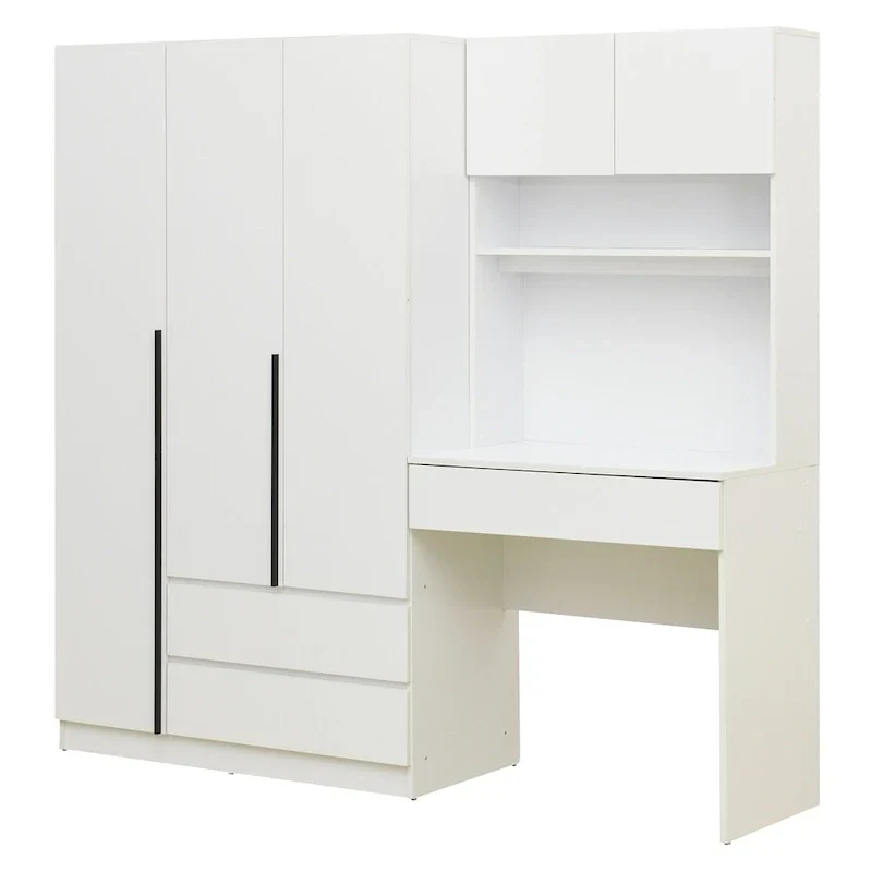 Armoire-penderie 3-en-1 avec coiffeuse, ensemble de bureau, armoire de chambre avec 2 tiroirs, armoire-penderie à 3 portes avec espace de rangement