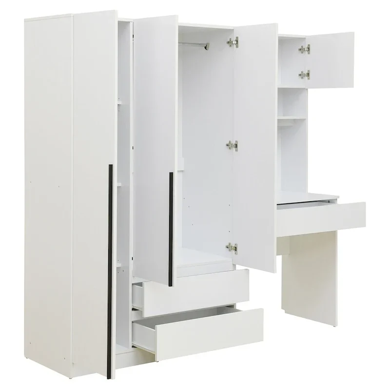 Armoire-penderie 3-en-1 avec coiffeuse, ensemble de bureau, armoire de chambre avec 2 tiroirs, armoire-penderie à 3 portes avec espace de rangement