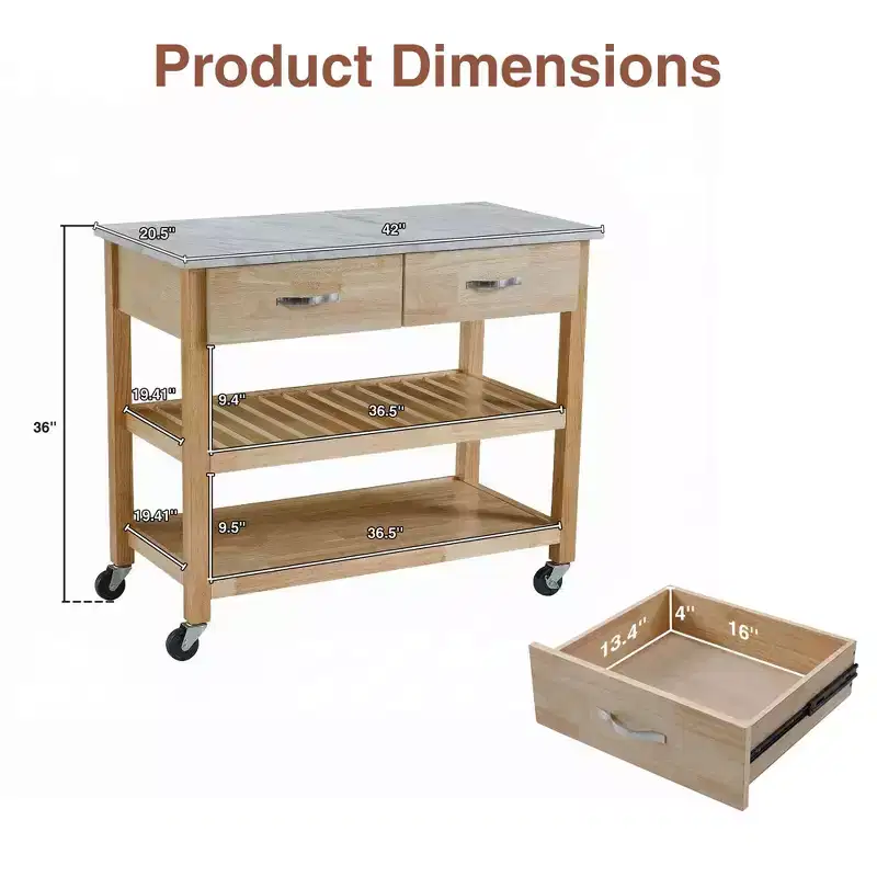 Desserte de cuisine roulante avec plateau en marbre, îlot de cuisine en bois massif avec 2 tiroirs, chariot de cuisine à 3 niveaux avec roues détachables verrouillables et porte-serviettes