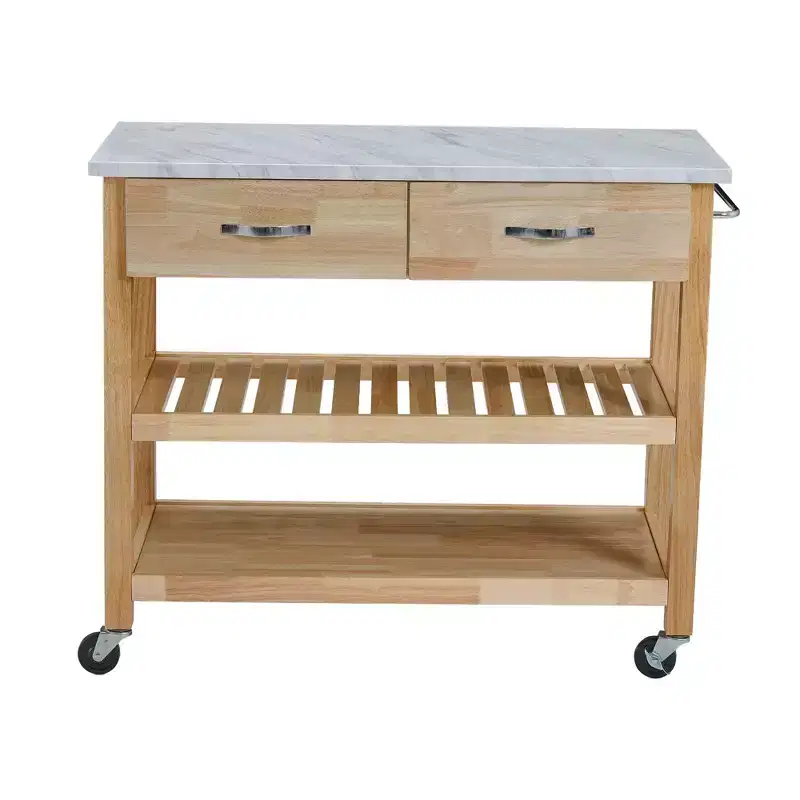 Desserte de cuisine roulante avec plateau en marbre, îlot de cuisine en bois massif avec 2 tiroirs, chariot de cuisine à 3 niveaux avec roues détachables verrouillables et porte-serviettes