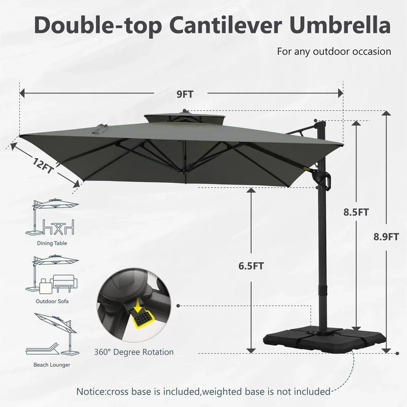 MAISON ARTS Parasol déporté hydraulique automatique 3,6 m avec mât en aluminium et rotation à 360 degrés