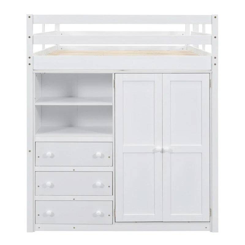 Lit mezzanine en bois pleine grandeur avec armoire intégrée, bureau, étagères de rangement et tiroirs