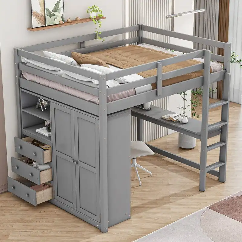 Lit mezzanine en bois pleine grandeur avec armoire intégrée, bureau, étagères de rangement et tiroirs