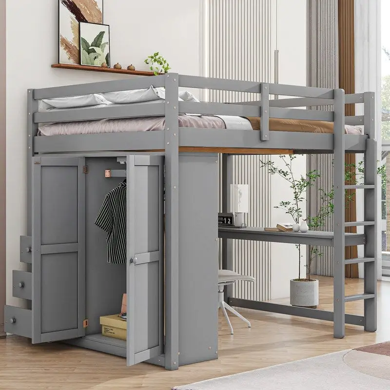 Lit mezzanine en bois pleine grandeur avec armoire intégrée, bureau, étagères de rangement et tiroirs