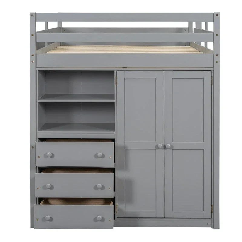 Lit mezzanine en bois pleine grandeur avec armoire intégrée, bureau, étagères de rangement et tiroirs