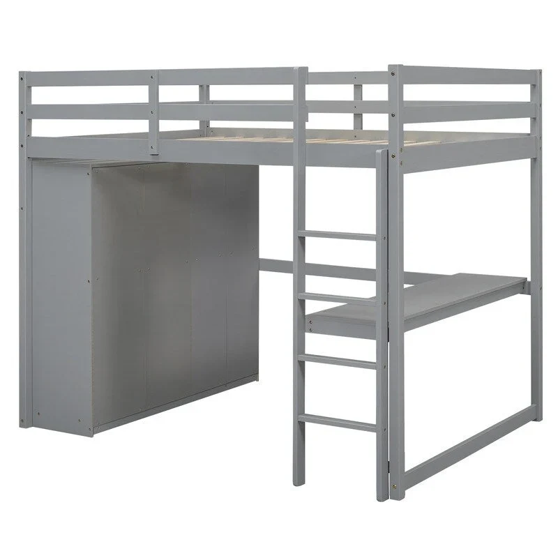 Lit mezzanine en bois pleine grandeur avec armoire intégrée, bureau, étagères de rangement et tiroirs
