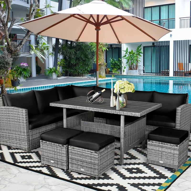 Ensemble de salle à manger Costway 7 pièces en rotin pour terrasse, canapé sectionnel et pouf - Voir détails