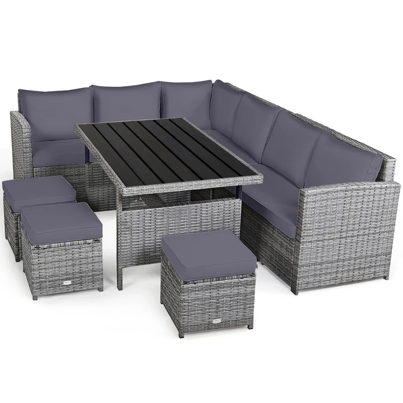 Ensemble de salle à manger Costway 7 pièces en rotin pour terrasse, canapé sectionnel et pouf - Voir détails