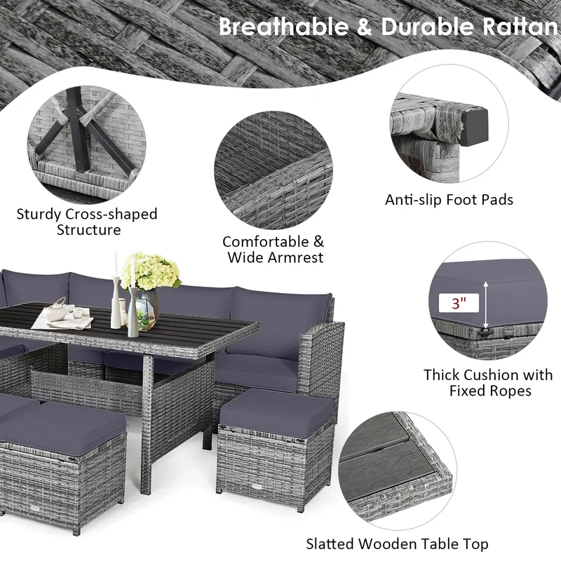 Ensemble de salle à manger Costway 7 pièces en rotin pour terrasse, canapé sectionnel et pouf - Voir détails