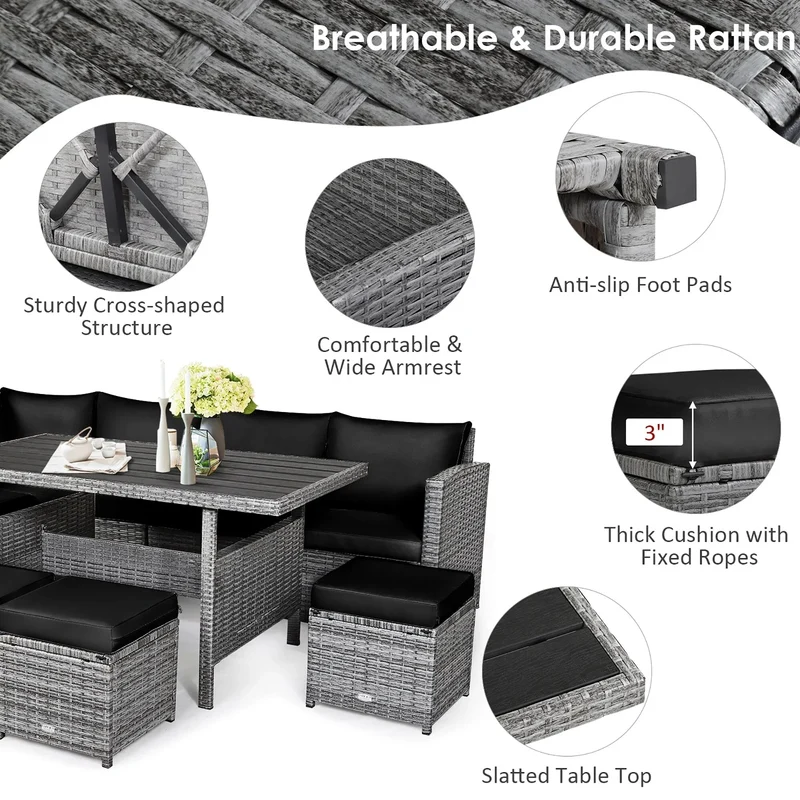 Ensemble de salle à manger Costway 7 pièces en rotin pour terrasse, canapé sectionnel et pouf - Voir détails