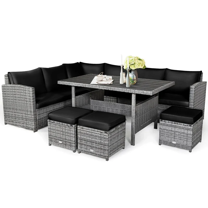 Ensemble de salle à manger Costway 7 pièces en rotin pour terrasse, canapé sectionnel et pouf - Voir détails