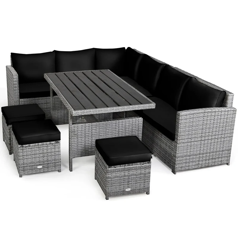 Ensemble de salle à manger Costway 7 pièces en rotin pour terrasse, canapé sectionnel et pouf - Voir détails