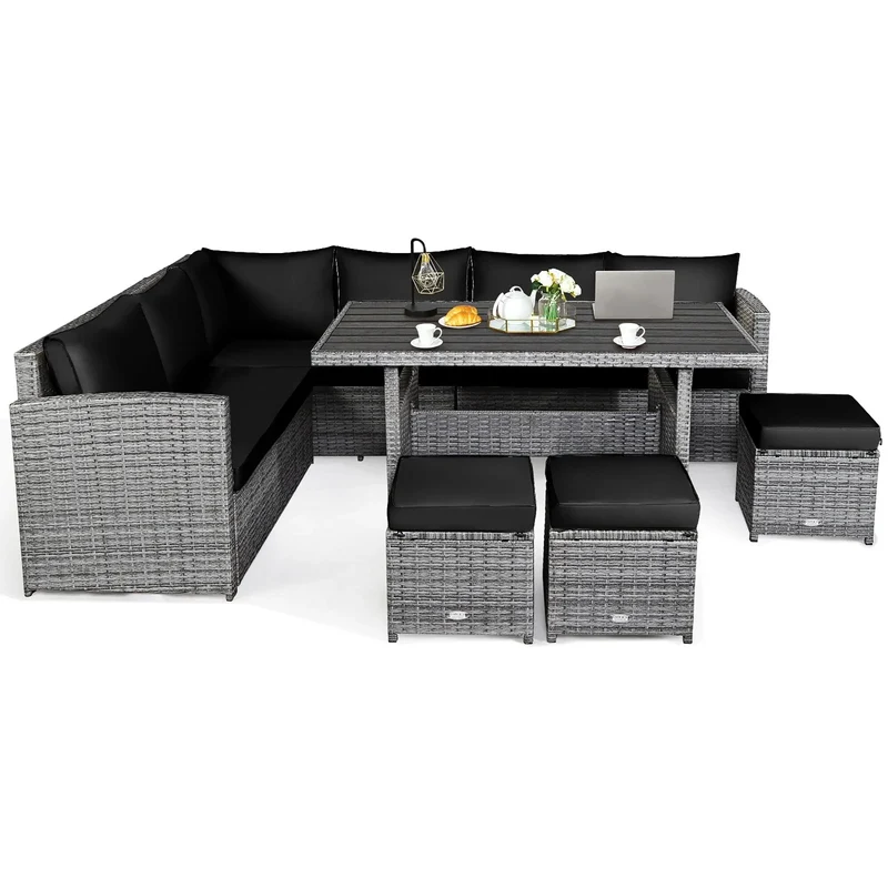 Ensemble de salle à manger Costway 7 pièces en rotin pour terrasse, canapé sectionnel et pouf - Voir détails
