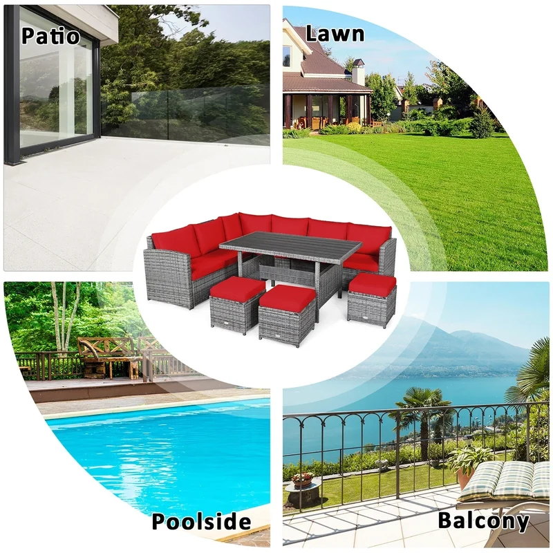 Ensemble de salle à manger Costway 7 pièces en rotin pour terrasse, canapé sectionnel et pouf - Voir détails