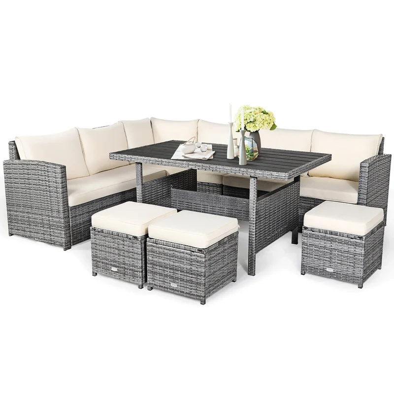 Ensemble de salle à manger Costway 7 pièces en rotin pour terrasse, canapé sectionnel et pouf - Voir détails