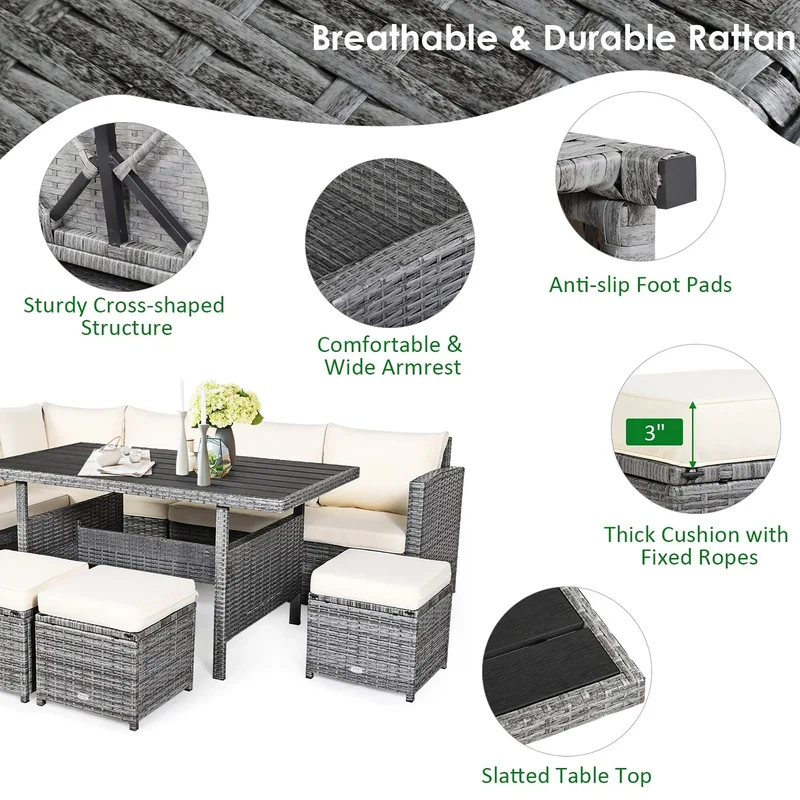 Ensemble de salle à manger Costway 7 pièces en rotin pour terrasse, canapé sectionnel et pouf - Voir détails