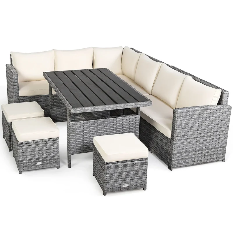 Ensemble de salle à manger Costway 7 pièces en rotin pour terrasse, canapé sectionnel et pouf - Voir détails