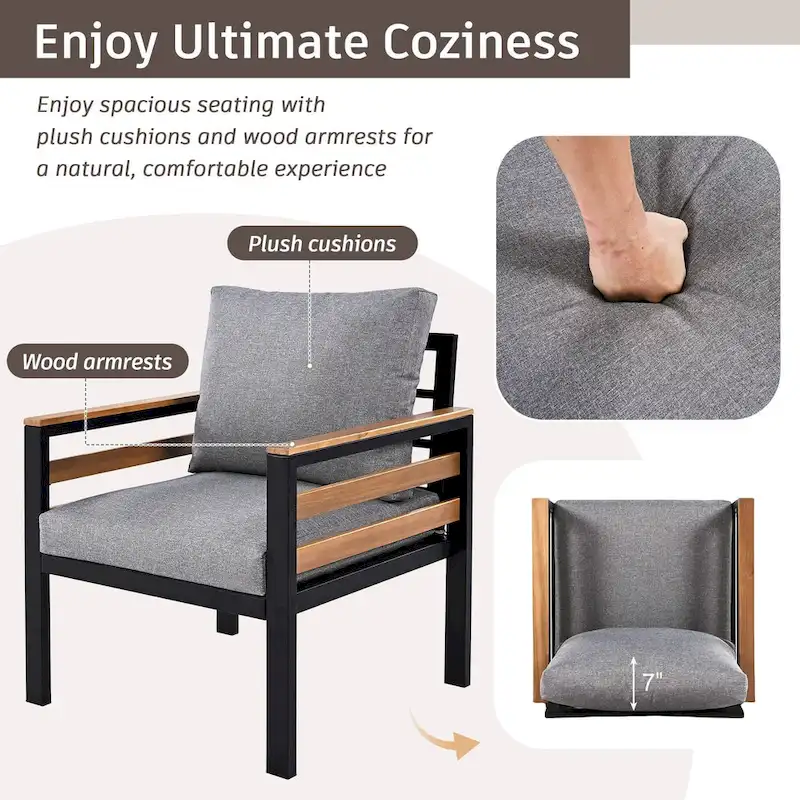 Ensemble de canapés d'extérieur 4 pièces pour 5 personnes avec table basse en bois massif et coussins amovibles