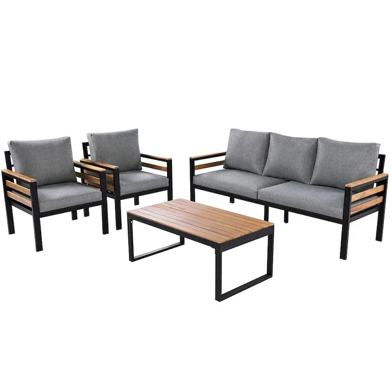 Ensemble de canapés d'extérieur 4 pièces pour 5 personnes avec table basse en bois massif et coussins amovibles