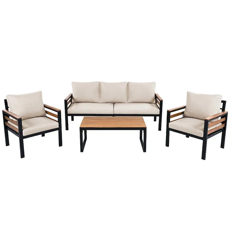 Ensemble de canapés d'extérieur 4 pièces pour 5 personnes avec table basse en bois massif et coussins amovibles