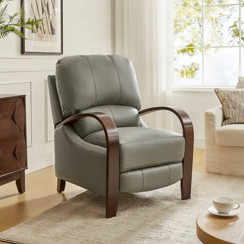 Fauteuil inclinable manuel Alex Mid-century Modern Cigar en cuir véritable avec accoudoirs incurvés en bois