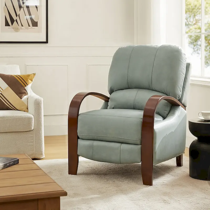 Fauteuil inclinable manuel Alex Mid-century Modern Cigar en cuir véritable avec accoudoirs incurvés en bois