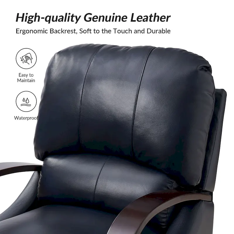 Fauteuil inclinable manuel Alex Mid-century Modern Cigar en cuir véritable avec accoudoirs incurvés en bois