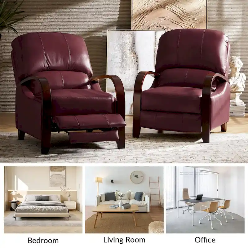 Fauteuil inclinable manuel Alex Mid-century Modern Cigar en cuir véritable avec accoudoirs incurvés en bois