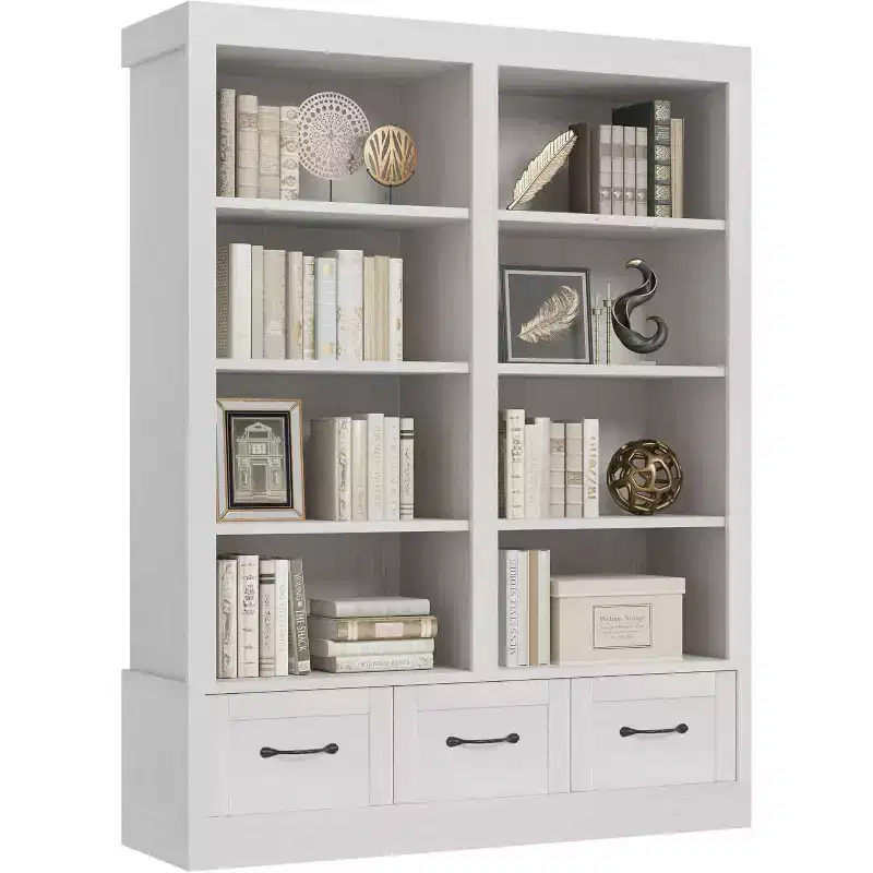 Bibliothèque et étagères de 64 H, étagère avec 3 tiroirs de rangement, étagère ouverte à 4 niveaux double largeur pour bureau salon