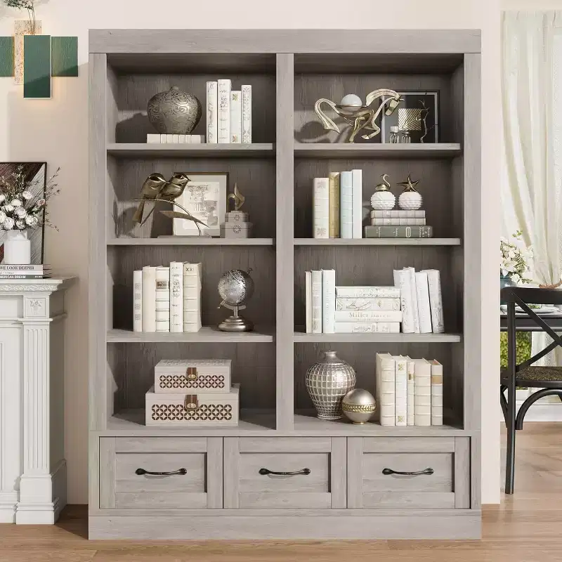 Bibliothèque et étagères de 64 H, étagère avec 3 tiroirs de rangement, étagère ouverte à 4 niveaux double largeur pour bureau salon