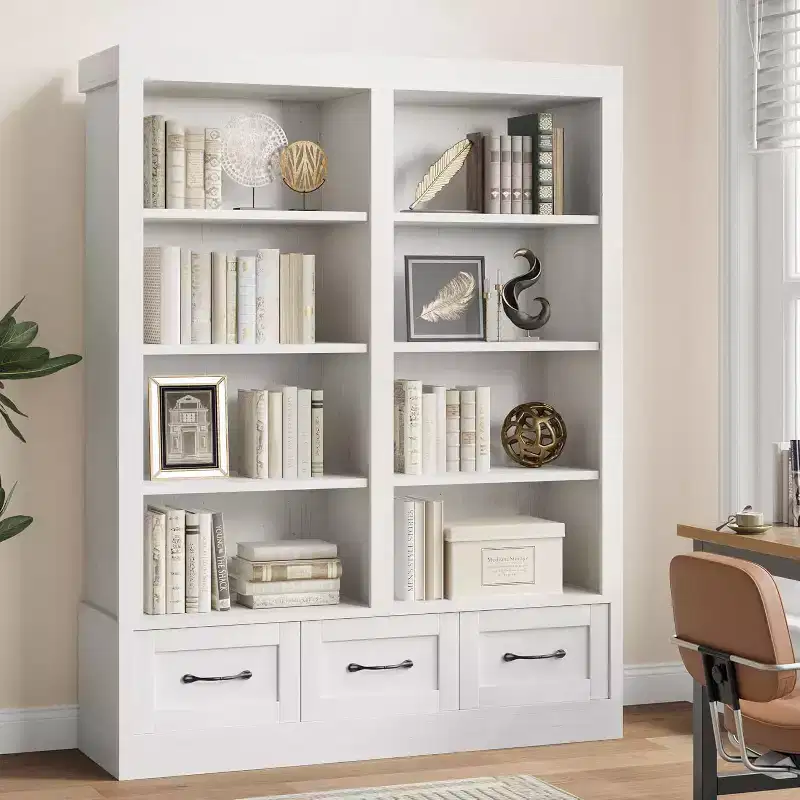 Bibliothèque et étagères de 64 H, étagère avec 3 tiroirs de rangement, étagère ouverte à 4 niveaux double largeur pour bureau salon