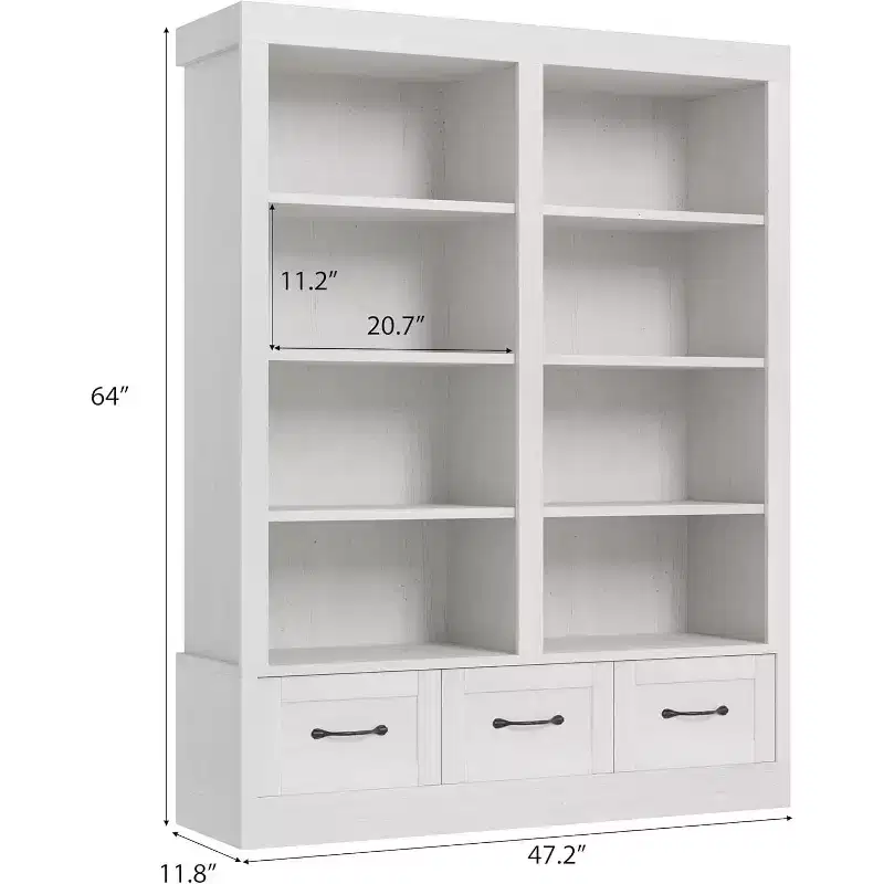 Bibliothèque et étagères de 64 H, étagère avec 3 tiroirs de rangement, étagère ouverte à 4 niveaux double largeur pour bureau salon