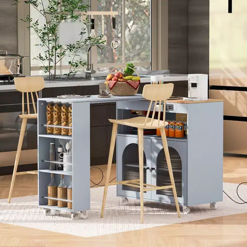 Îlot de cuisine roulant avec 2 portes en verre, Desserte de cuisine avec table extensible et prises de courant, Îlot de cuisine avec étagères ouvertes latérales
