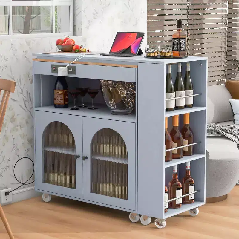 Îlot de cuisine roulant avec 2 portes en verre, Desserte de cuisine avec table extensible et prises de courant, Îlot de cuisine avec étagères ouvertes latérales