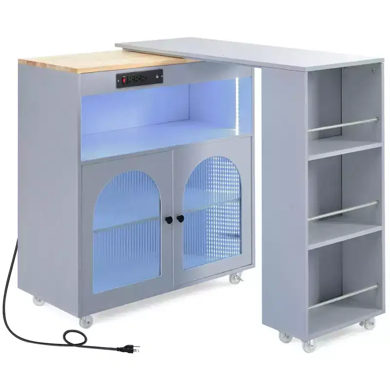 Îlot de cuisine roulant avec 2 portes en verre, Desserte de cuisine avec table extensible et prises de courant, Îlot de cuisine avec étagères ouvertes latérales