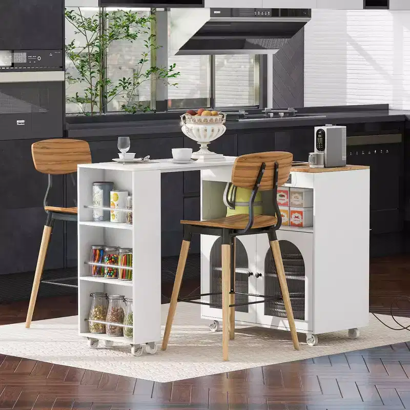 Îlot de cuisine roulant avec 2 portes en verre, Desserte de cuisine avec table extensible et prises de courant, Îlot de cuisine avec étagères ouvertes latérales