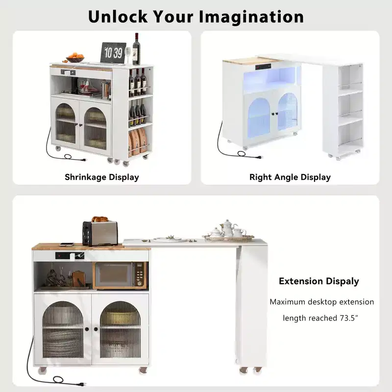 Îlot de cuisine roulant avec 2 portes en verre, Desserte de cuisine avec table extensible et prises de courant, Îlot de cuisine avec étagères ouvertes latérales