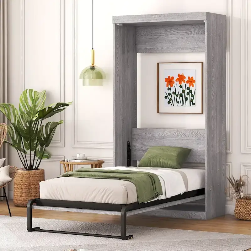 Lit escamotable simple, se plie en armoire, gris