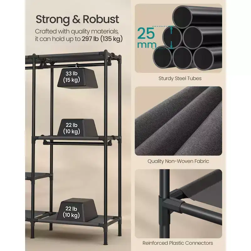 SONGMICS Portant à Vêtements Robuste, Organisateur de Placard avec Barres de Penderie et Étagères, Charge Totale 135 kg, Montage Facile, Noir Encre