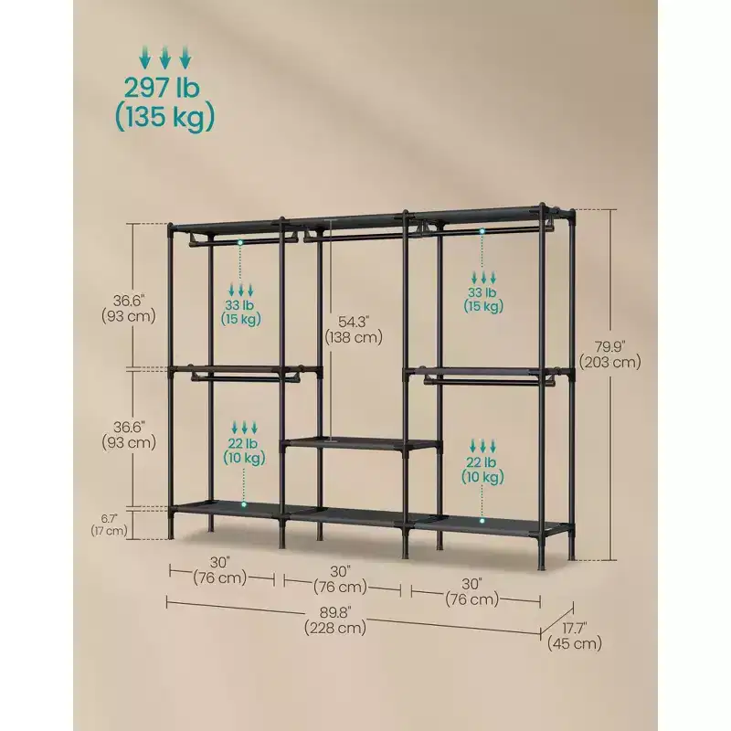 SONGMICS Portant à Vêtements Robuste, Organisateur de Placard avec Barres de Penderie et Étagères, Charge Totale 135 kg, Montage Facile, Noir Encre