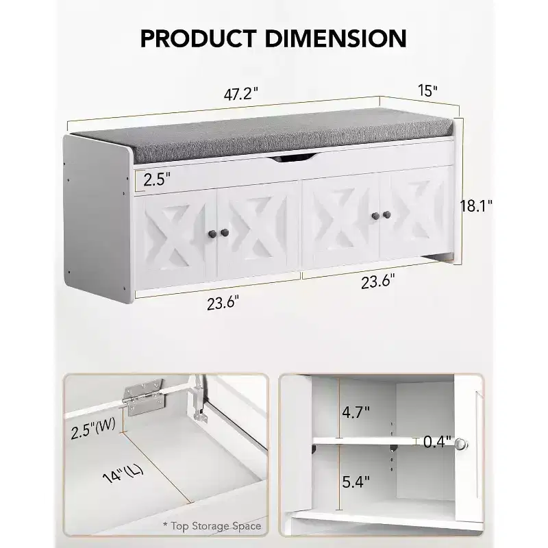 Banc de rangement pour chaussures, banc d'entrée de 120 cm de long avec siège rembourré relevable, 4 portes, capacité de 136 kg, banc avec étagère à chaussures pour entrée