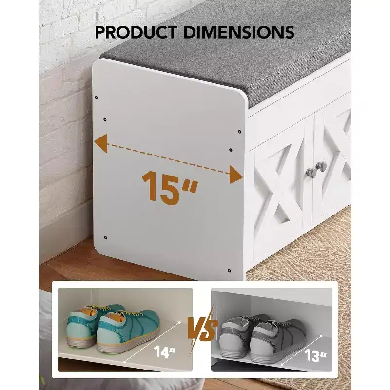 Banc de rangement pour chaussures, banc d'entrée de 120 cm de long avec siège rembourré relevable, 4 portes, capacité de 136 kg, banc avec étagère à chaussures pour entrée
