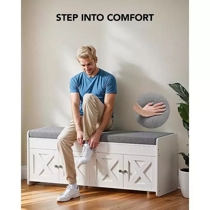 Banc de rangement pour chaussures, banc d'entrée de 120 cm de long avec siège rembourré relevable, 4 portes, capacité de 136 kg, banc avec étagère à chaussures pour entrée