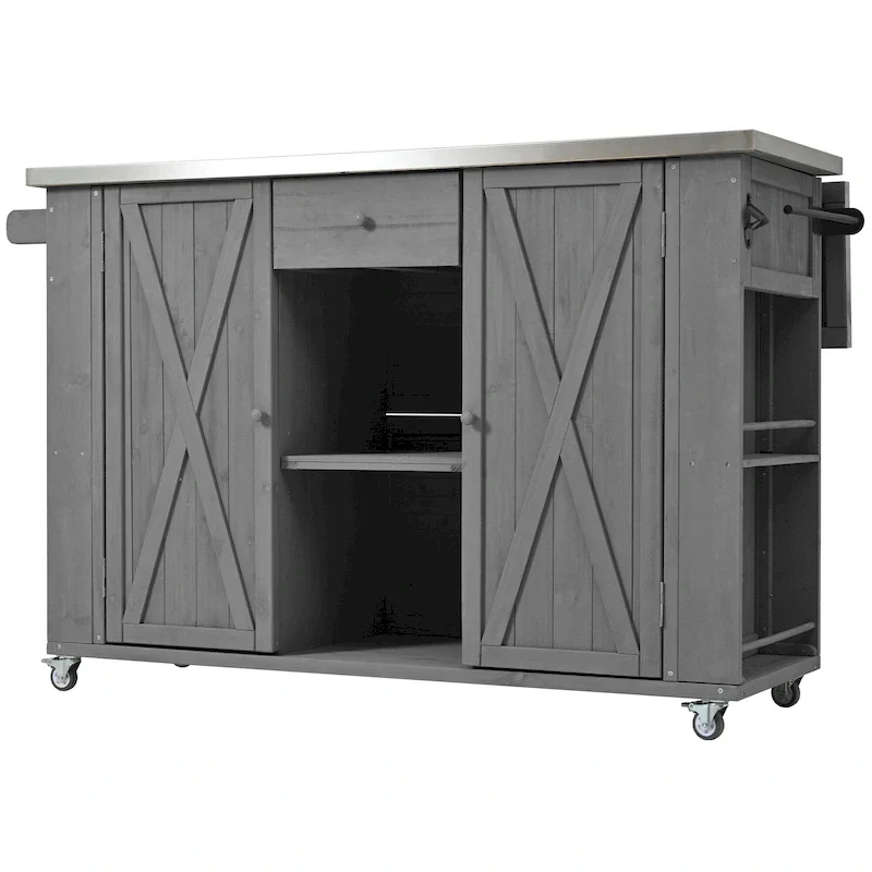 Îlot de cuisine d'extérieur, bois de sapin rustique avec plateau en acier inoxydable et rangement intelligent