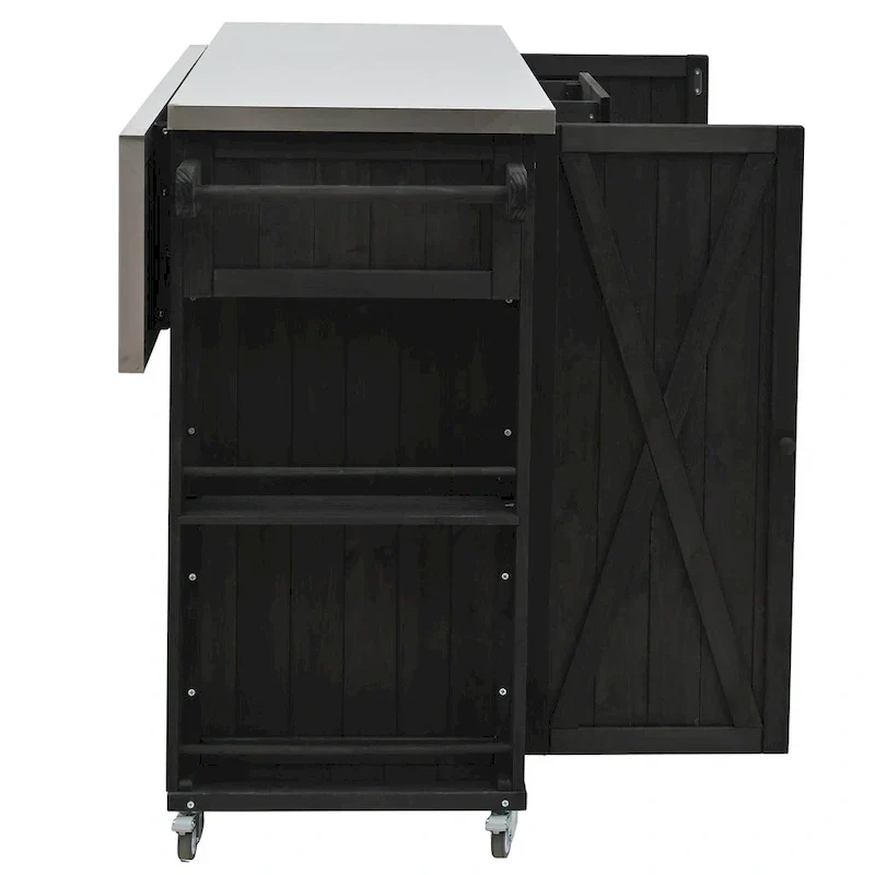 Îlot de cuisine d'extérieur, bois de sapin rustique avec plateau en acier inoxydable et rangement intelligent