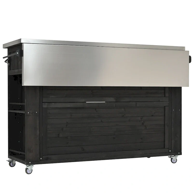 Îlot de cuisine d'extérieur, bois de sapin rustique avec plateau en acier inoxydable et rangement intelligent