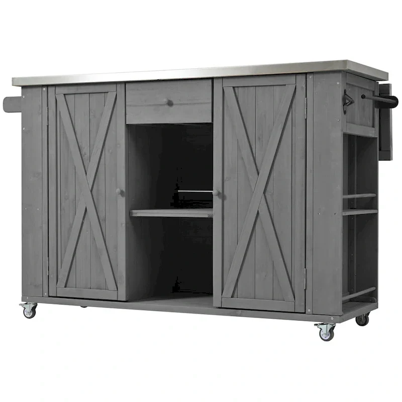 Îlot de cuisine d'extérieur, bois de sapin rustique avec plateau en acier inoxydable et rangement intelligent