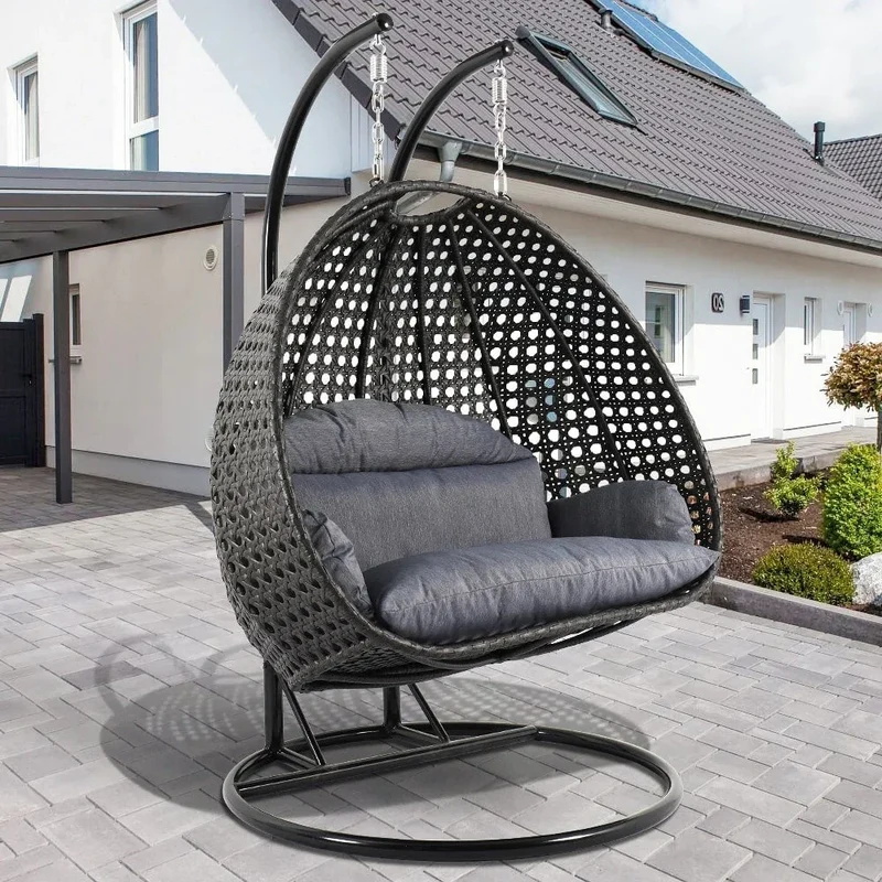 LeisureMod Fauteuil suspendu œuf 2 places avec support - Balançoire / hamac de patio en rotin osier pour extérieur/intérieur avec coussins