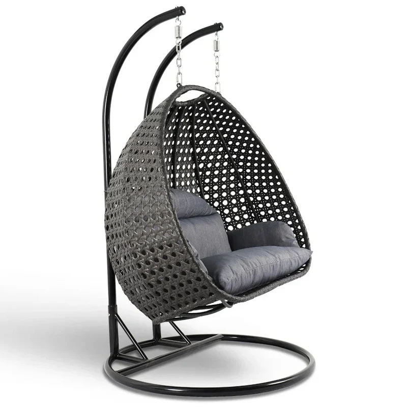 LeisureMod Fauteuil suspendu œuf 2 places avec support - Balançoire / hamac de patio en rotin osier pour extérieur/intérieur avec coussins